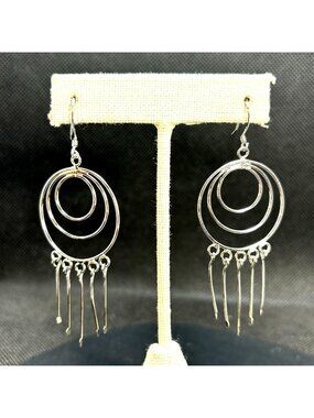 Triple Circle Dangle Earrings Tassels French Wire Hooks VTG Sterling Silver 3"